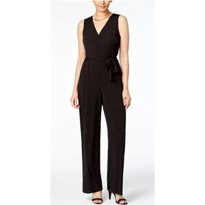 NY Collection Petite Surplice Belted Wide-Leg Jumpsuit, Black, PXS